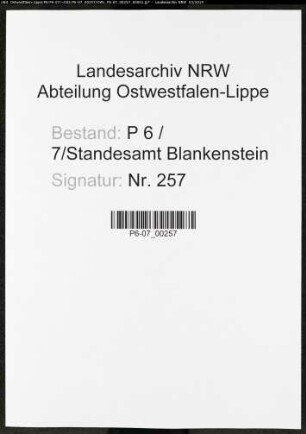 Sterberegister Standesamt Blankenstein/Ruhr