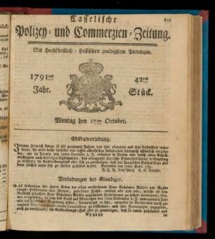 42tes Stueck, Montag den 17ten October. 1791