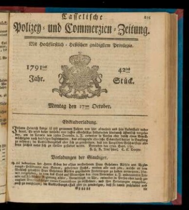 42tes Stueck, Montag den 17ten October. 1791