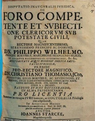 Dissertatio inauguralis iuridica de foro competente et subiectione clericorum sub potestate civili