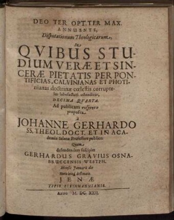... Disputationum Theologicarum ... Decima Quarta.