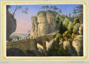Blick auf die Basteibrücke in der Sächsischen Schweiz, vom Neurathener Felsentor aus nach Westen