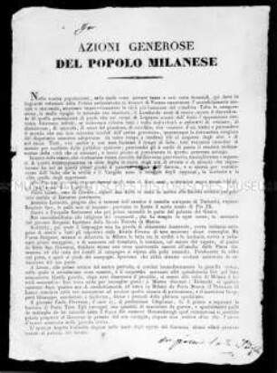 Anonymes Flugblatt: Aziono generose del popolo Milanese (Die edlen Taten des Volkes von Mailand); undatiert