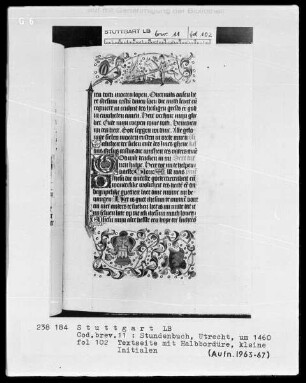 Niederländisches Stundenbuch (Handschrift der Brüder vom gemeinsamen Leben) — Der heilige Georg kämpft mit dem Drachen, Folio 102recto