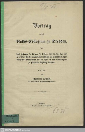 Vortrag an das Raths-Collegium ... den durch Leistungen für die ... einquartierten sächsischen und preußischen Truppen erwachsenen Kostenaufwand ...