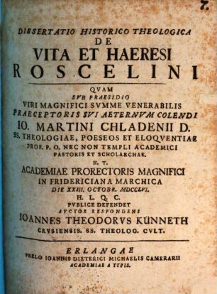 Dissertatio historico-theologica de vita et haeresi Roscelini