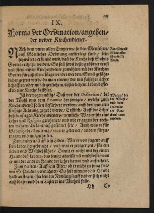 IX. Forma der Ordination/ angehender newer Kirchendiener.