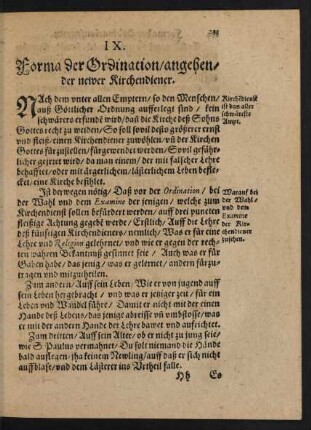 IX. Forma der Ordination/ angehender newer Kirchendiener.