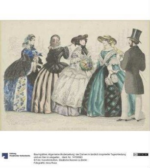 Allgemeine Modenzeitung: vier Damen in ländlich inspirierter Tageskleidung und ein Herr in eleganter Straßenkleidung