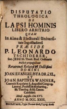 Disputatio Theologica De Lapsi Hominis Libero Arbitrio