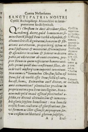Contra Nestorianos Sancti patris nostri Cyrilli Archiepiscopi Alexandrini ex interpretatione sancti symboli
