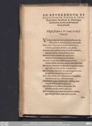 Ad Reverendum Et Clarissimum Virum D. Christophorum Pezelium S. Theologiae Doctorem, Amicum & fratrem suum chariss. Elegia scripta à M. Paulo Franzio Plauensi.