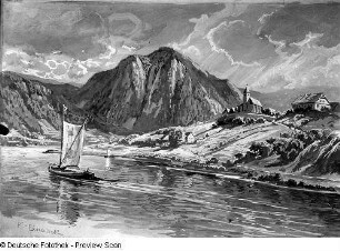 Elbtal bei Aussig mit der Kirche von Waltirsche : Elbtal bei Aussig mit der Kirche von Waltirsche. Aquarell, um 1898