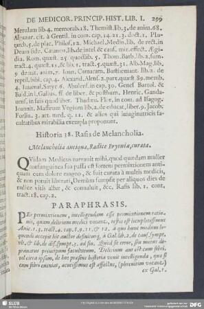 Historia 38. Rasis de Melancholia. Melancholia antiqua, Radice Bryoniae, curata
