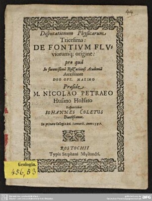 Disputationum Physicarum Tricesima: De Fontium Fluviorumque origine