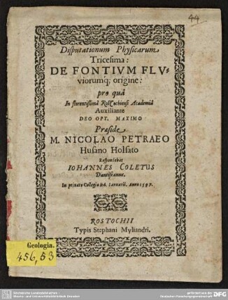 Disputationum Physicarum Tricesima: De Fontium Fluviorumque origine