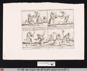 Pantalone schneidet den Bart seines Dieners; Pantalone musiziert, während Zanni die Saiten seines Instruments spannt; Der Kaufmann hält seinen Diener vom Suizid mit einem Dolch ab; Zanni erleichtert sich in einen Eimer, der von Pantalone gehalten wird.
