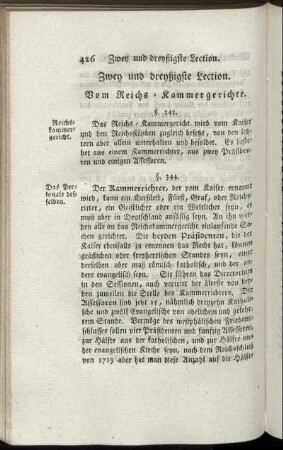 Zwey und dreyßigste Lection. Vom Reichs-Kammergericht. - Drey und dreyßigste Lection. Von der Gerichtsbarkeit über die deutsche Kirche.