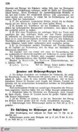 Fremden= u. Wohnungs=Anzeigen betr., Schließung der Wohnungen zur Nachtzeit
