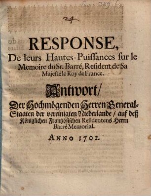 Réponse de leurs Hautes Puissances sur le Memoire du Fr. Barre