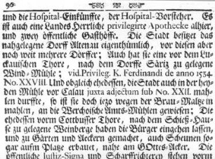 Calau. Ausschnitt aus: Chronik der Creiß-Stadt Calau, 1758, Seite 96