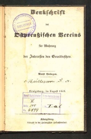Denkschrift des Ostpreussischen Vereins für Wahrung der Interessen des Grundbesitzes : Nebst Beilagen