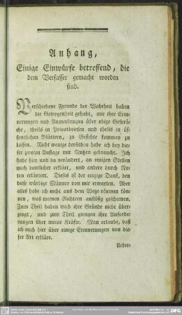 Anhang, Einige Einwürfe betreffend, die dem Verfasser gemacht worden sind