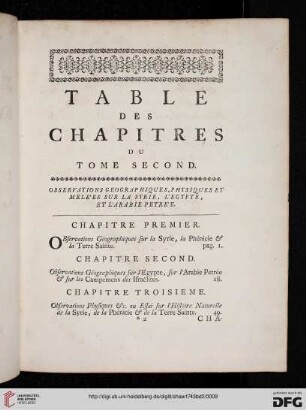 Table des Chapitres du tome second