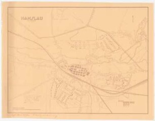 Bebauungsplan der Stadterweiterung, Namslau: (Vermutlich Verkleinerung von Inv.Nr. 21475): Grundplan und Lageplan 1:5000
