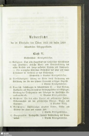 Uebersicht der im Schuljahre von Ostern 1859 bis dahin 1860 behandelten Lehrgegenstände