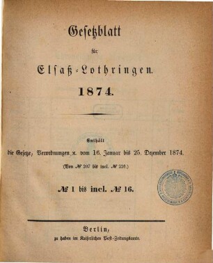 Gesetzblatt für Elsaß-Lothringen. 1874, 1874