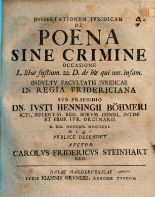 Dissertationem Ivridicam De Poena Sine Crimine : Occasione L. ICtus fustium. 22. D. de his qui not. infam.