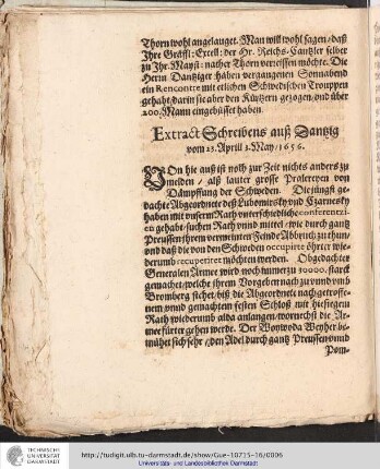 Extract Schreibens auß Santzig vom 23. Aprill 3. May 1656
