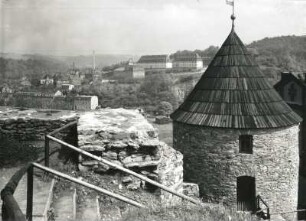 Elsterberg, Burg : Elsterberg. Blick von der Burgruine nach Norden, auf den Teil der Stadt oberhalb des Bahnhofs
