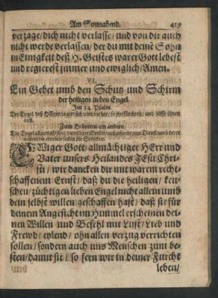 VI. Ein Gebet umb den Schutz und Schirm der heiligen lieben Engel.