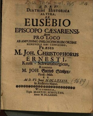 Diatribe Historica Altera, De Eusebio Episcopo Caesariensi
