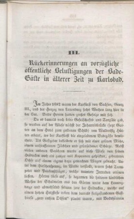III. Rückerinnerungen an vorzügliche öffentliche Belustigungen der Badegäste in älterer Zeit zu Karlsbad.