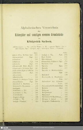Alphabetisches Verzeichnis der Rittergüter und sonstigen exemten Grundstücke im Königreich Sachsen
