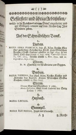 Gefuerstete und uebrige Aebtißin[n]en/ welche in die Reichs-Prælaten-Banck eingetheilet/ und mit Selbigen curiatim auf dem Reichs-Tag Ihre Stimmen geben
