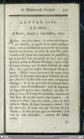 Lettre CCXV. A la même. A Paris, Lundi 9. Septembre, 1675