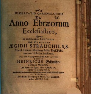 Diss. chron. de anno Ebraeorum ecclesiastico