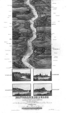 Carl Heinrich Beichling (1803-1876). Panorama der Elbe, 1831. Nachdruck 1993,1994. Ausschnitt Elbpanorama Hirschstein - Ende (Strehla), Ortsansicht Wehlen, Pillnitz, Dresden und Meißen. Dresden SLUB S.B.2221