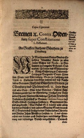 Des Erzbischöflich Bremischen und Gräflich Oldenburgischen Ehe-, Ehren- und Gewissen-Handels erster Theil