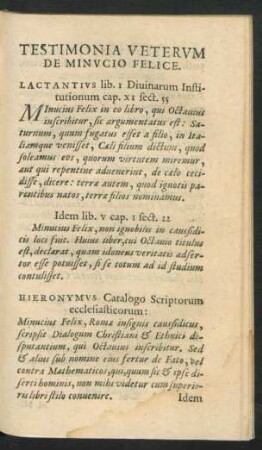 Testimonia Veterum De Minucio Felice.