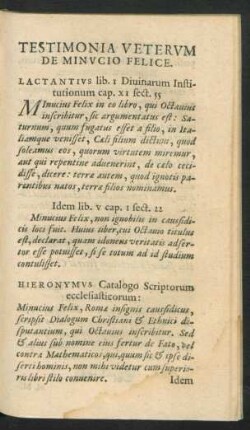 Testimonia Veterum De Minucio Felice.