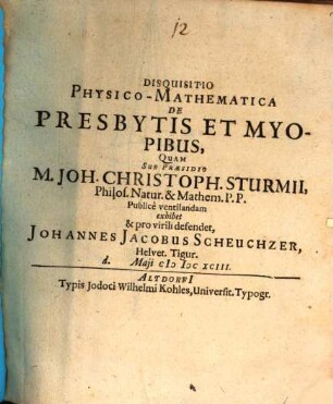 Disquisitio Physico-Mathematica De Presbytis Et Myopibus