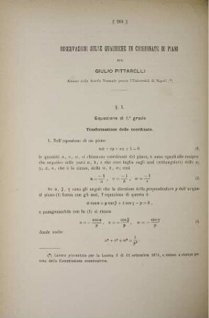 Osservazioni sulle quadriche in coordinate di piani.