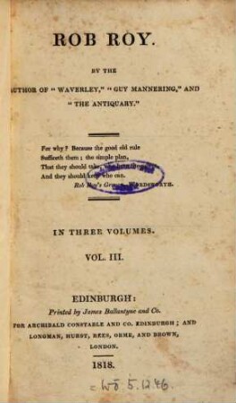 Rob Roy : in three volumes, 3. (1818). - 348 S.