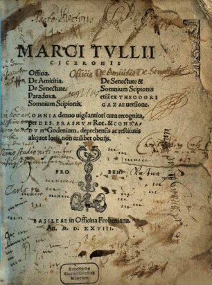 Marci Tvllii Ciceronis Officia. De Amicitia. De Senectute. Paradoxa. Somnium Scipionis : De Senectute & Somnium Scipionis etia[m] ex Theodori Gazae uersione