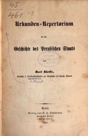 Quellenkunde der Geschichte des preußischen Staats, 2. Urkunden-Repertorium für die Geschichte des Preußischen Staats